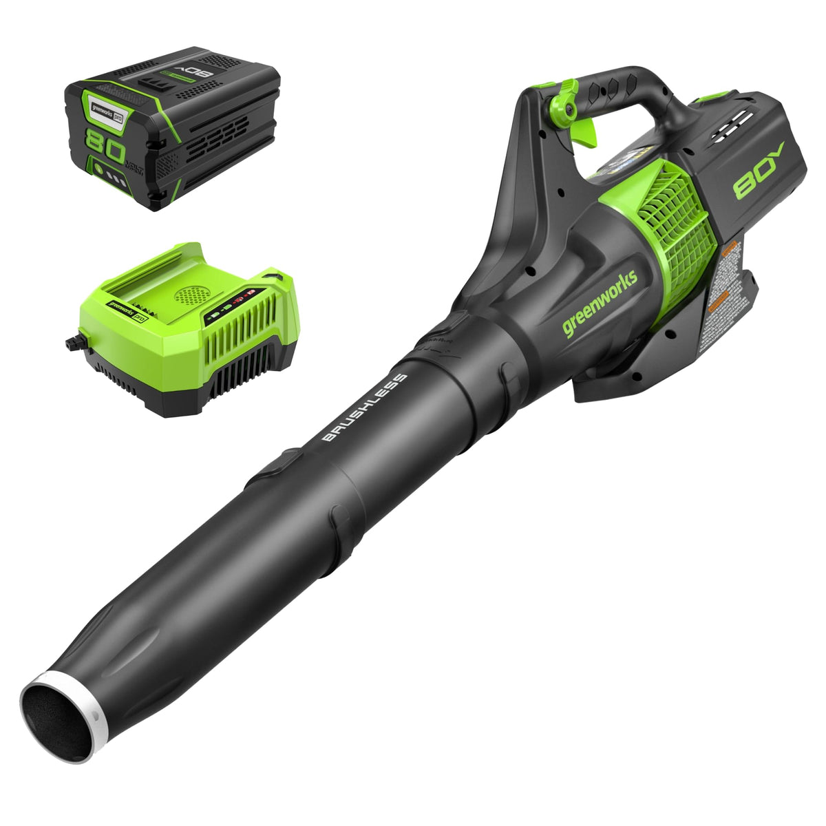 Greenworks 80V axial blower in action clearing yard debris
