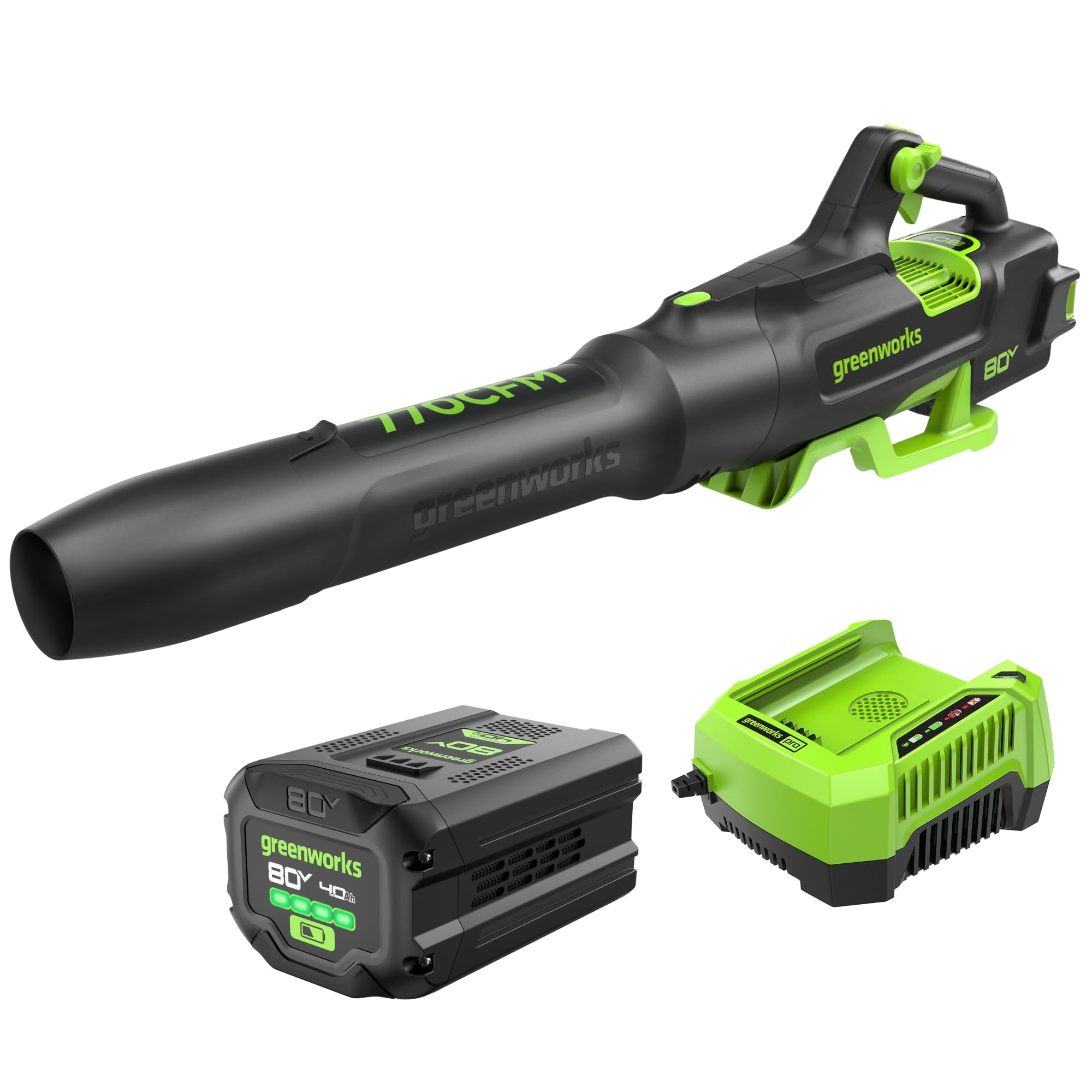 Greenworks 80V axial blower clears leaves quietly with gas-free power.
