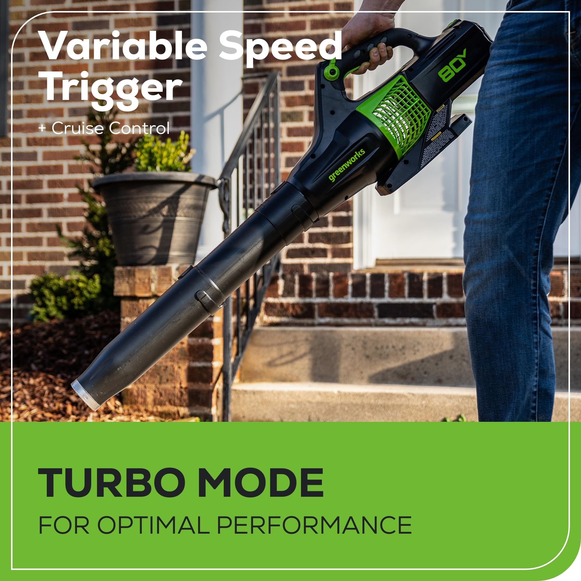 Lightweight Greenworks blower with cruise control for comfort