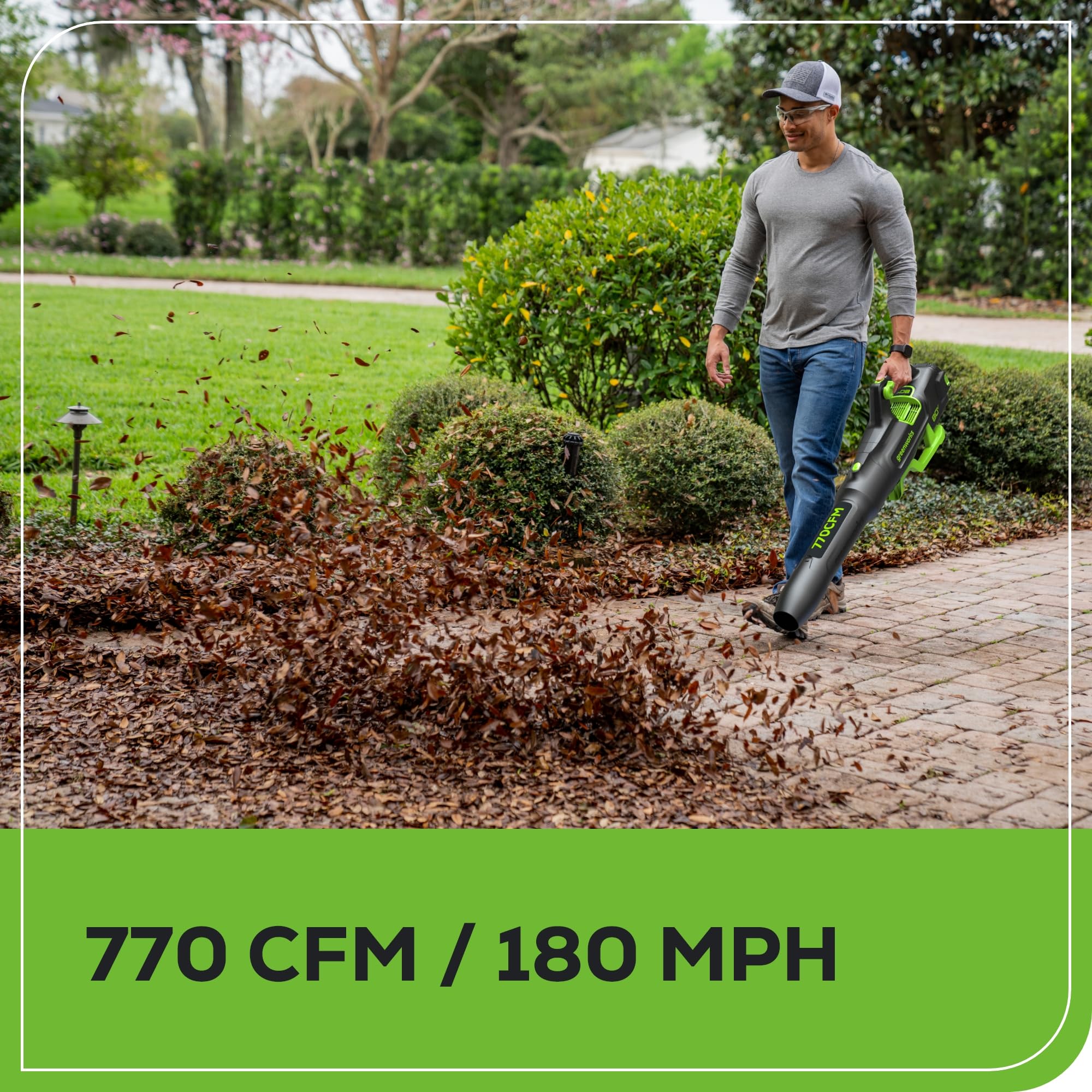 Greenworks 80V axial blower's lightweight design reduces arm strain.