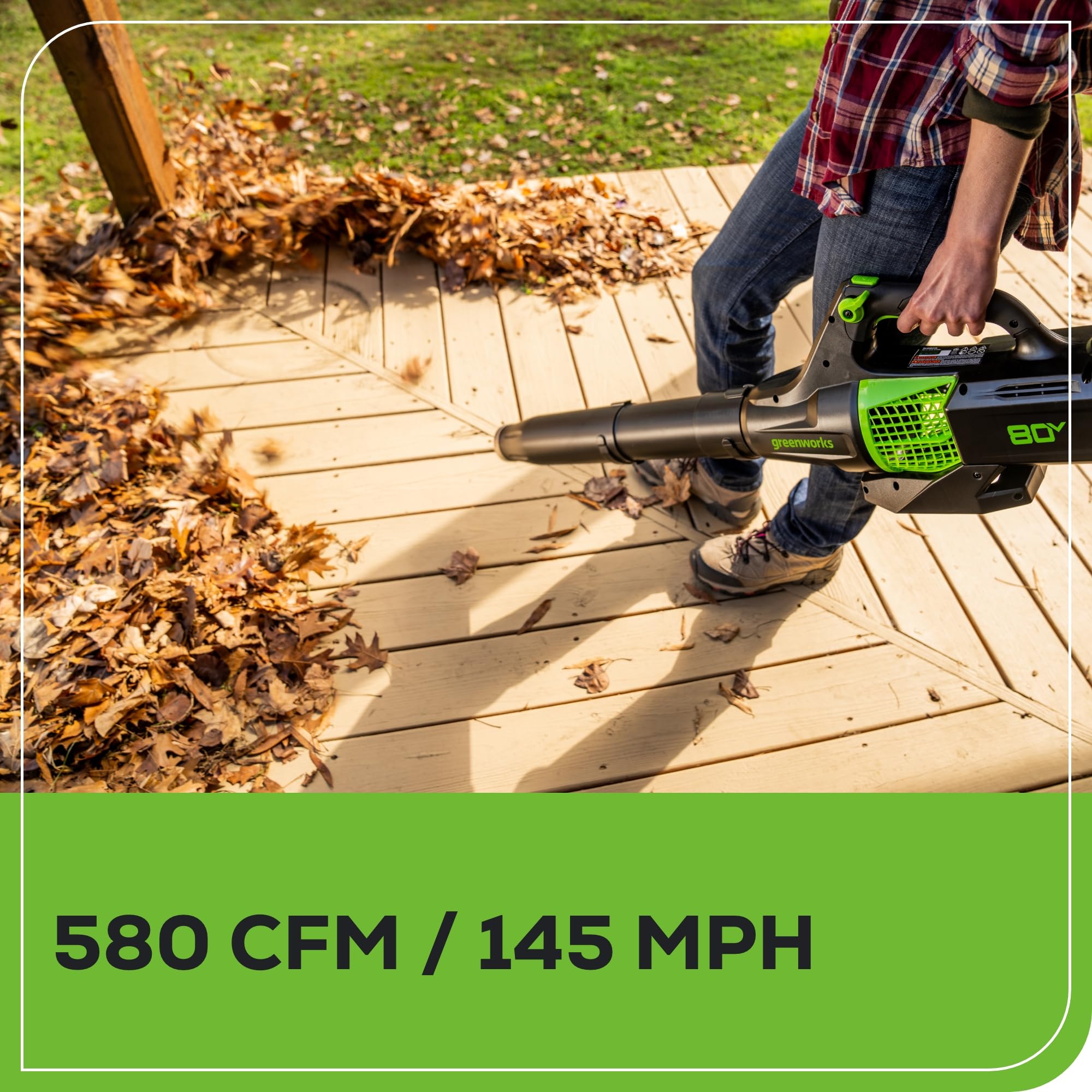 Turbo mode engaged for heavy debris with Greenworks blower