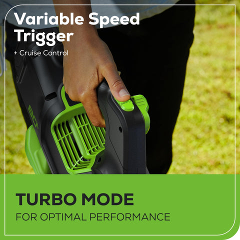 Greenworks 2.5Ah battery enables extended runtimes between charges.