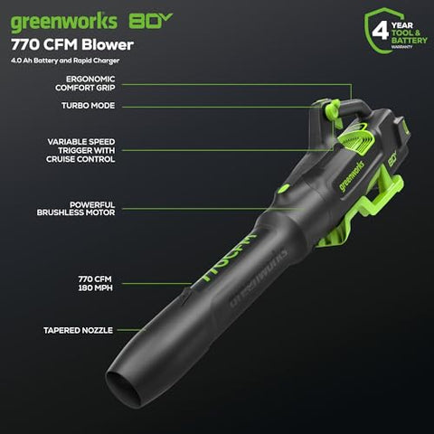 Greenworks 80V 4.0Ah battery powers long runtimes for large yards.