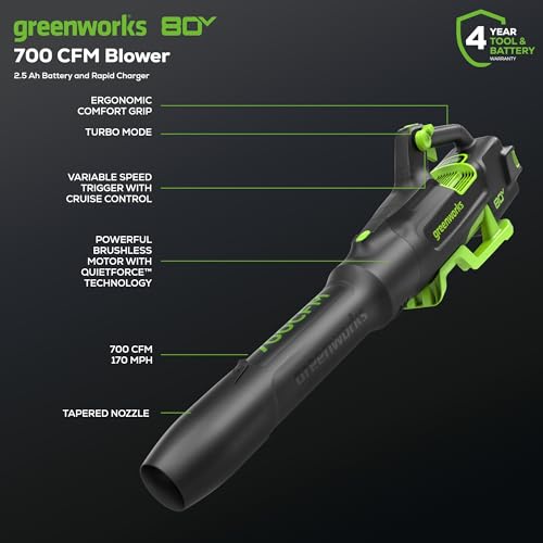 Greenworks 80V brushless motor delivers higher torque for quick debris clearing.
