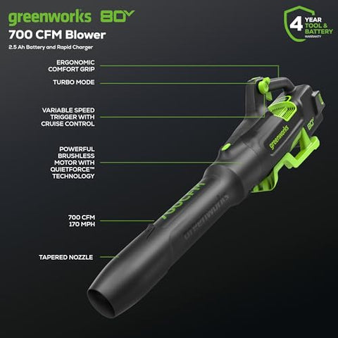 Greenworks 80V brushless motor delivers higher torque for quick debris clearing.