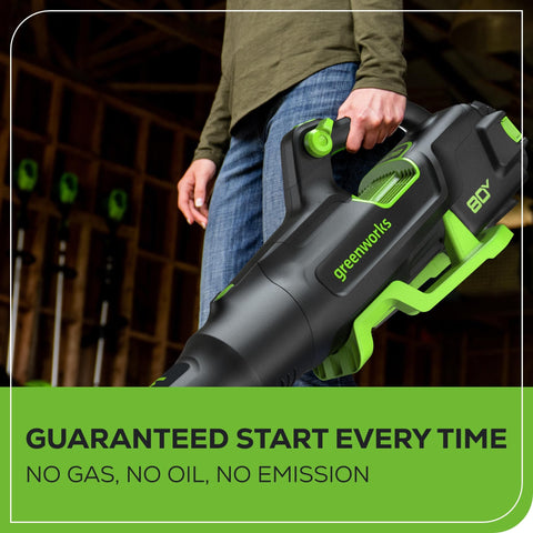 Greenworks 80V cruise control maintains steady airflow for extended use.