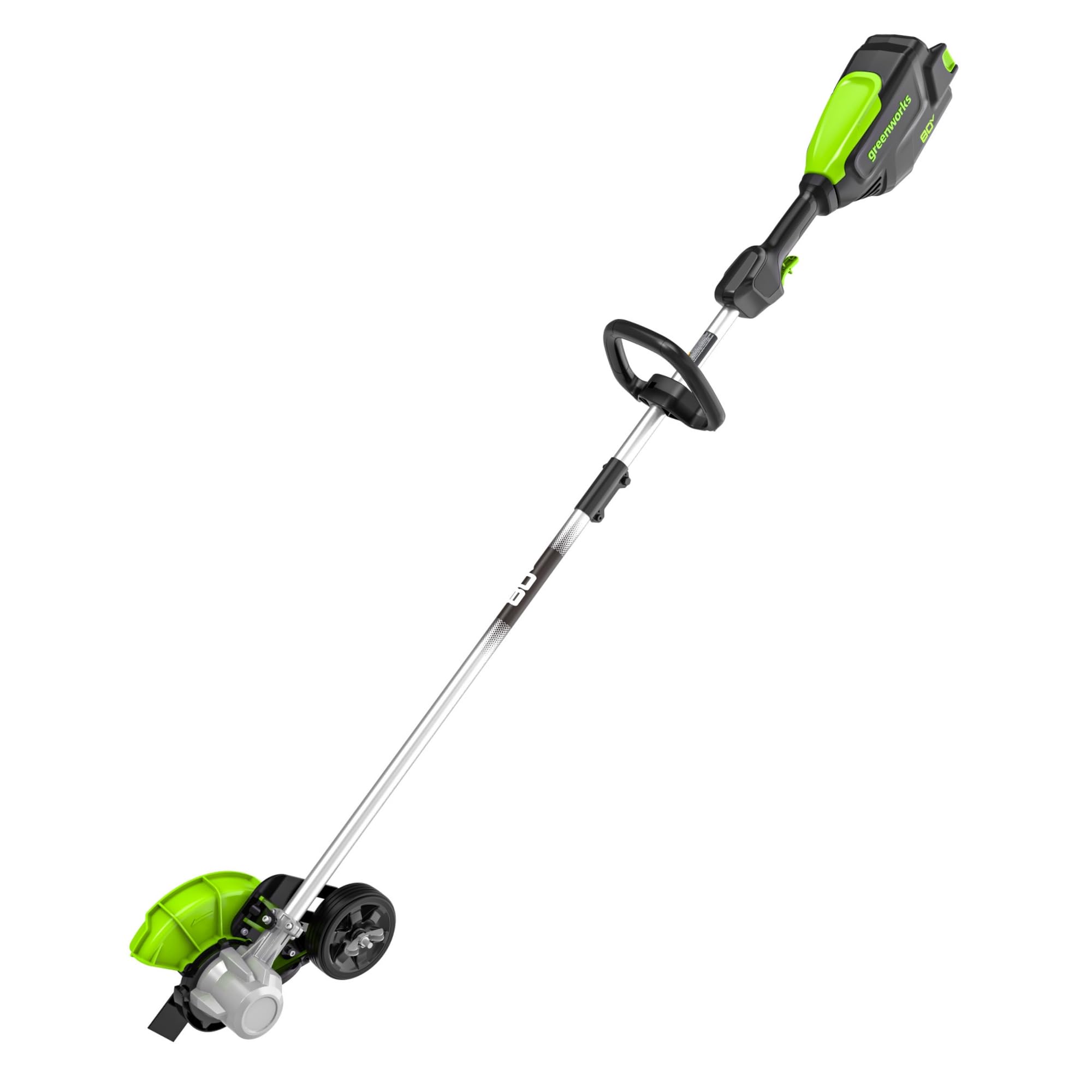 Greenworks 80V edger with an 8-inch pro blade and curb wheel for precise edge cuts.