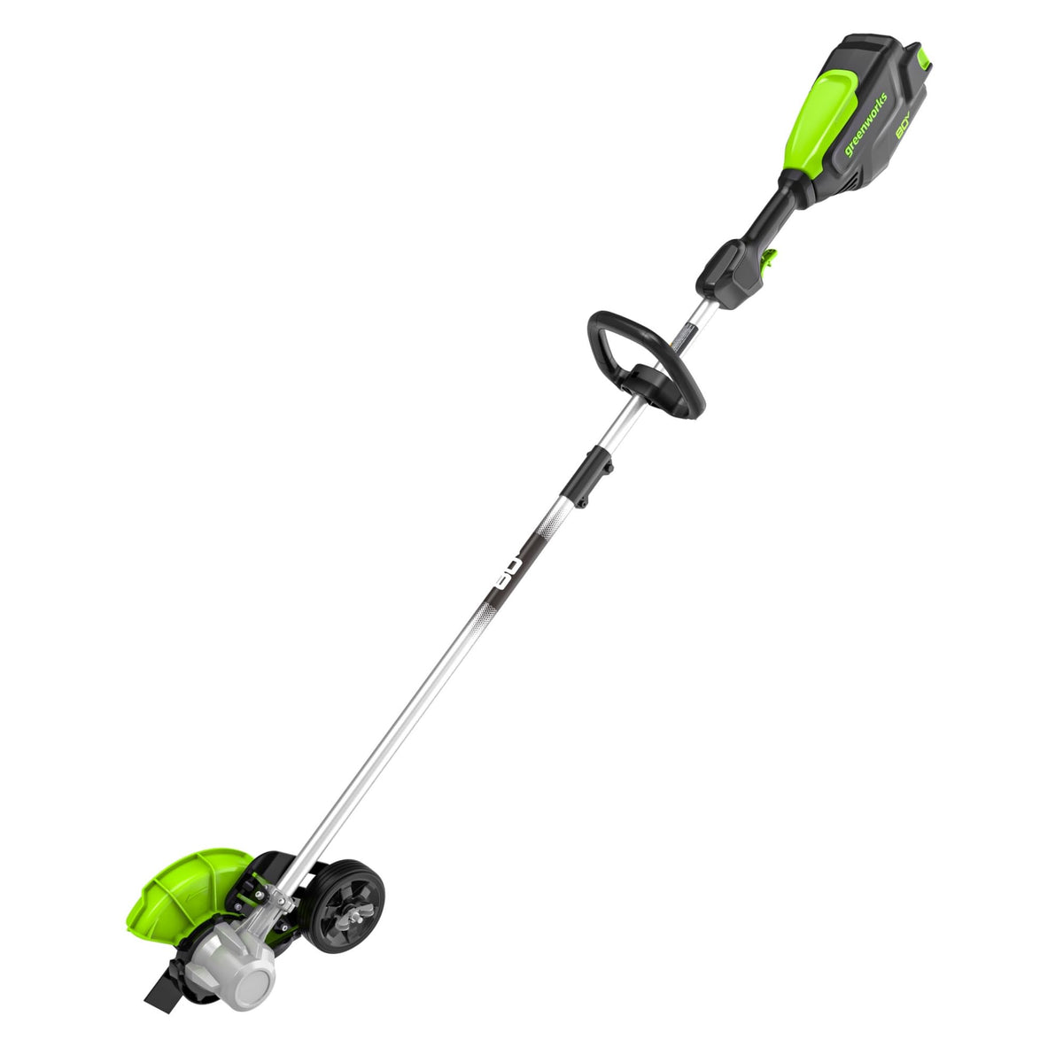 Greenworks 80V edger with an 8-inch pro blade and curb wheel for precise edge cuts.