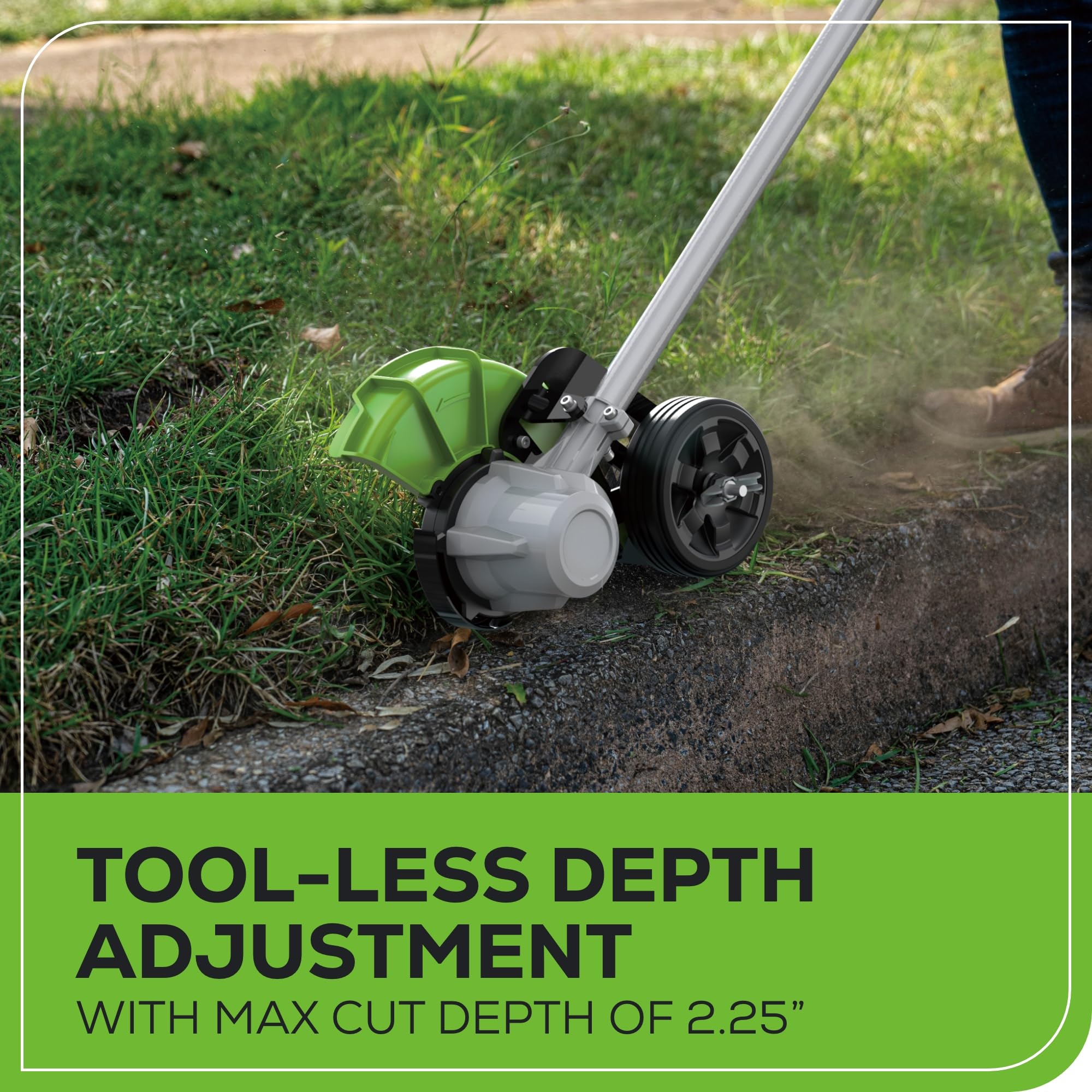 Greenworks 80V edger anti-scalp turf guard protects delicate grass.