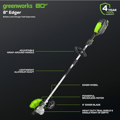 Greenworks 80V edger with brushless motor delivering strong torque for tough edging.