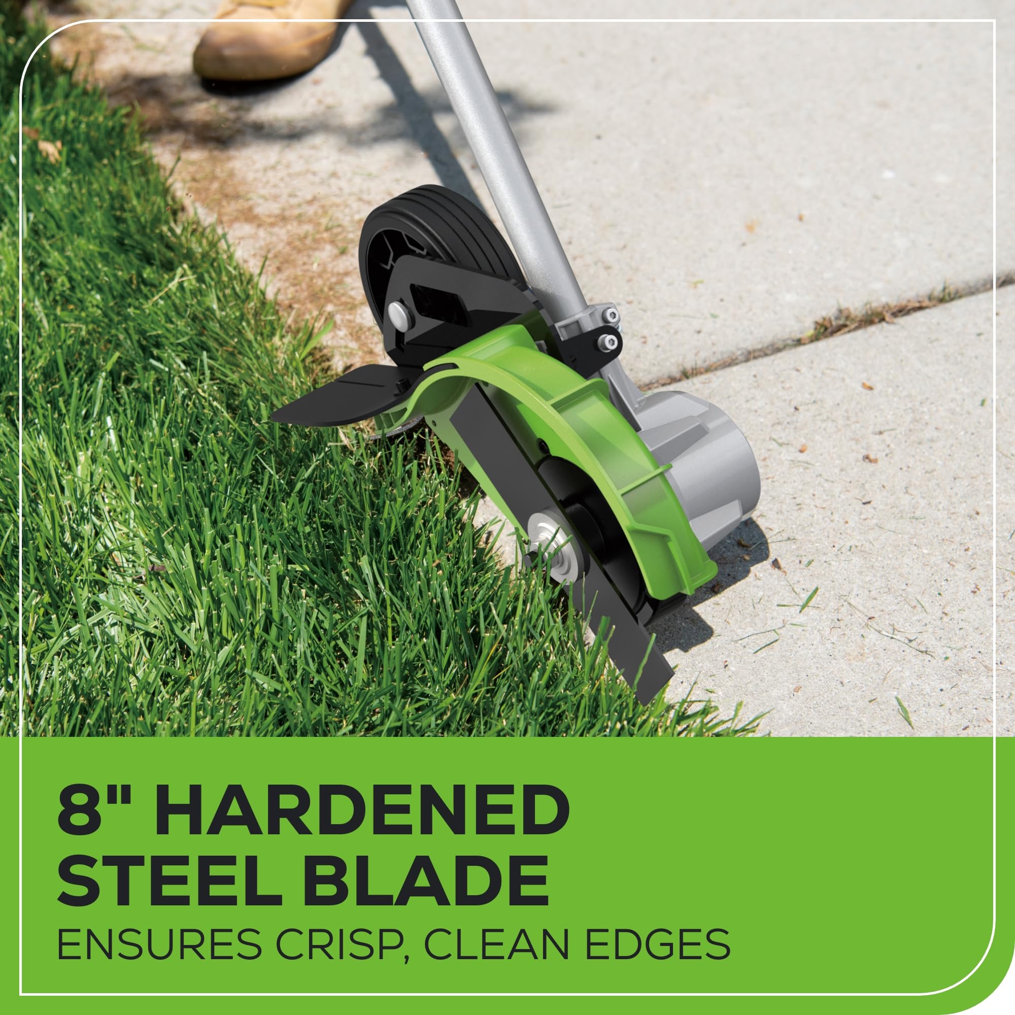 Greenworks 80V edger tilt-guided wheel provides downforce on uneven terrain.