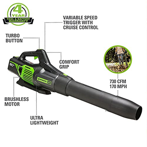 Greenworks 80V blower angle shot highlighting lightweight handling for patios.