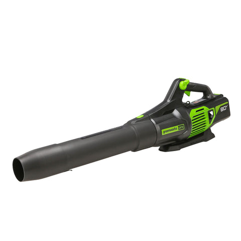 Greenworks 80V leaf blower front view for quick driveway debris cleanup.