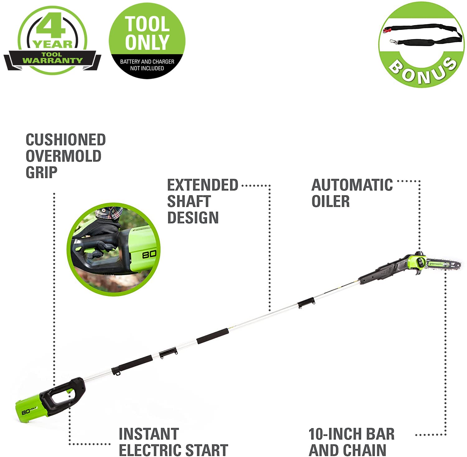 Greenworks 80V polesaw bar and chain close-up for precise cuts.
