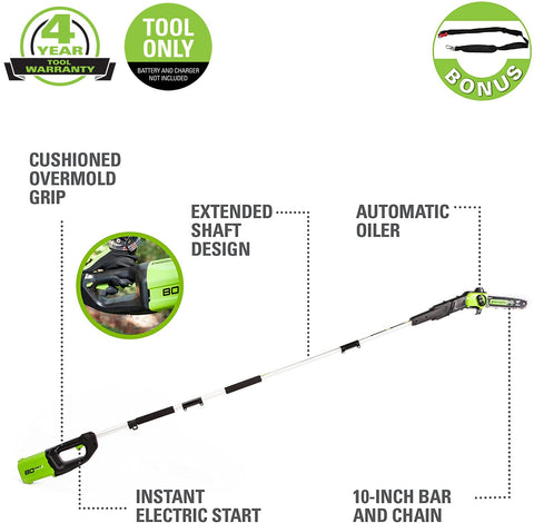 Greenworks 80V polesaw bar and chain close-up for precise cuts.