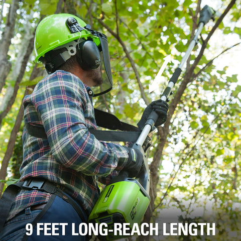 Greenworks 80V polesaw compact design for comfortable handling.