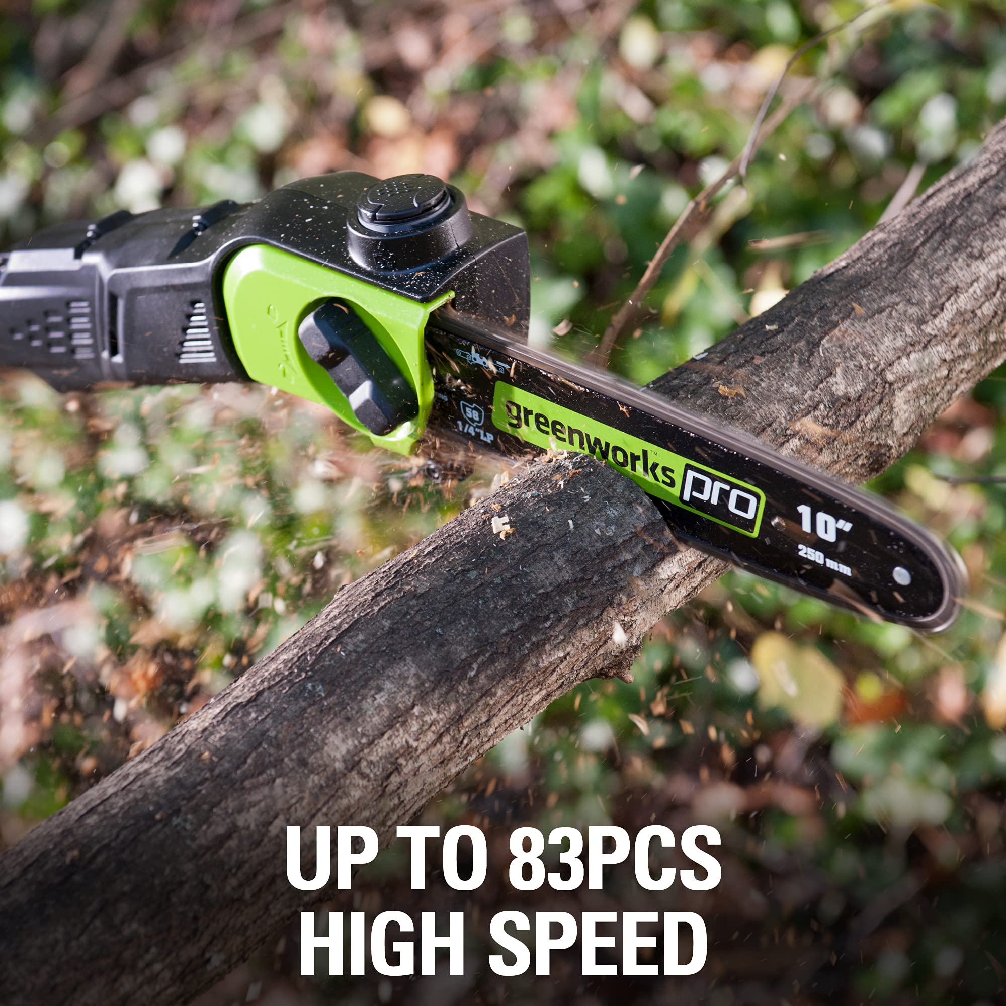 Greenworks 80V polesaw cutting action through branches.