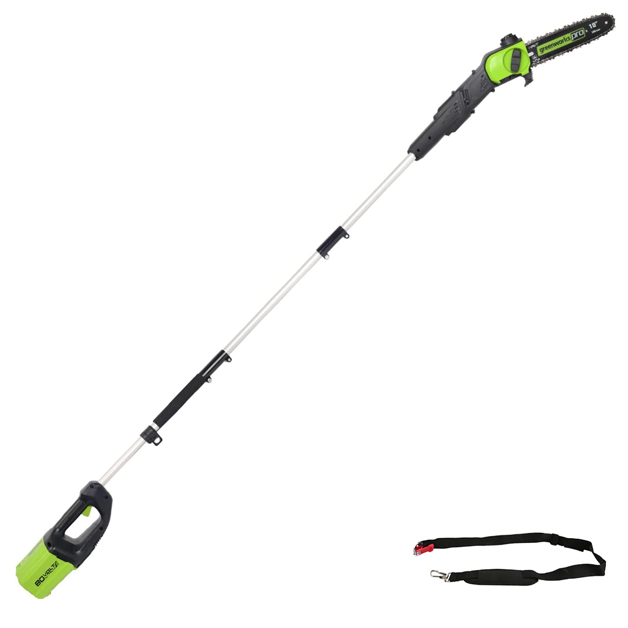 Greenworks 80V polesaw in use for branch pruning with clean cuts.