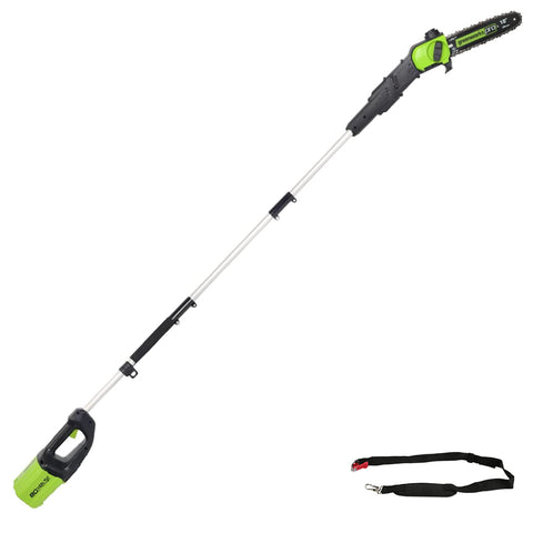 Greenworks 80V polesaw in use for branch pruning with clean cuts.