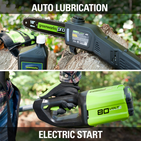 Greenworks 80V polesaw tool-less chain tensioning for quick maintenance.