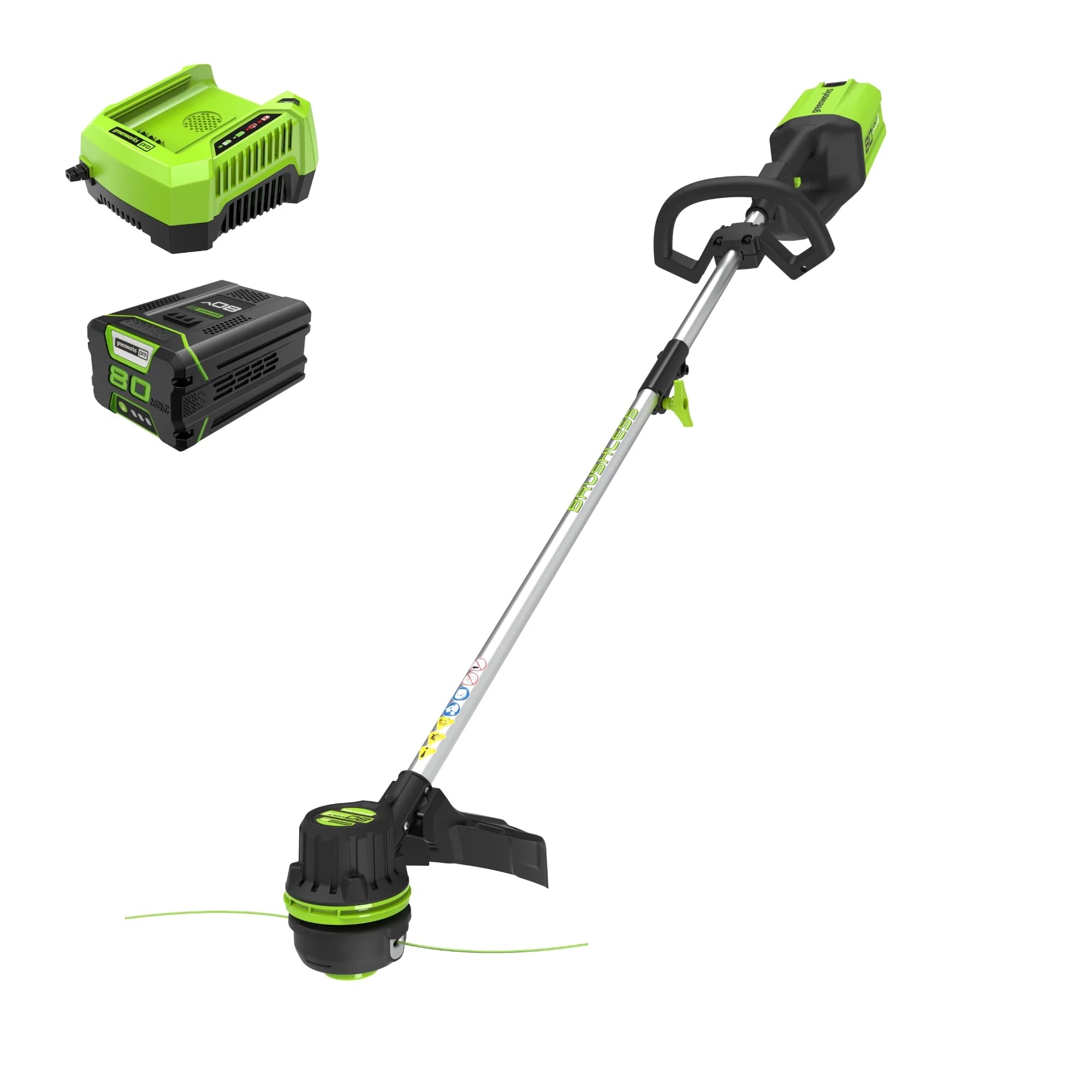 Greenworks 80V trimmer with 16-inch cutting path for broad, clean edges.