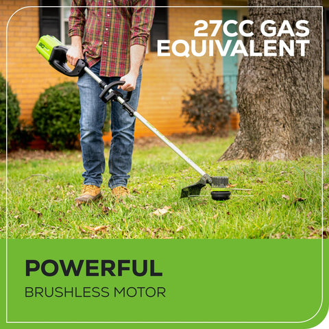 Greenworks 80V trimmer bump feed head in action.