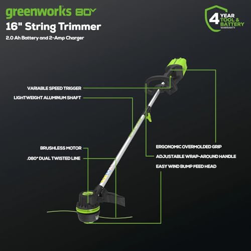 Greenworks 80V trimmer dual-line spool ready for precise edging.