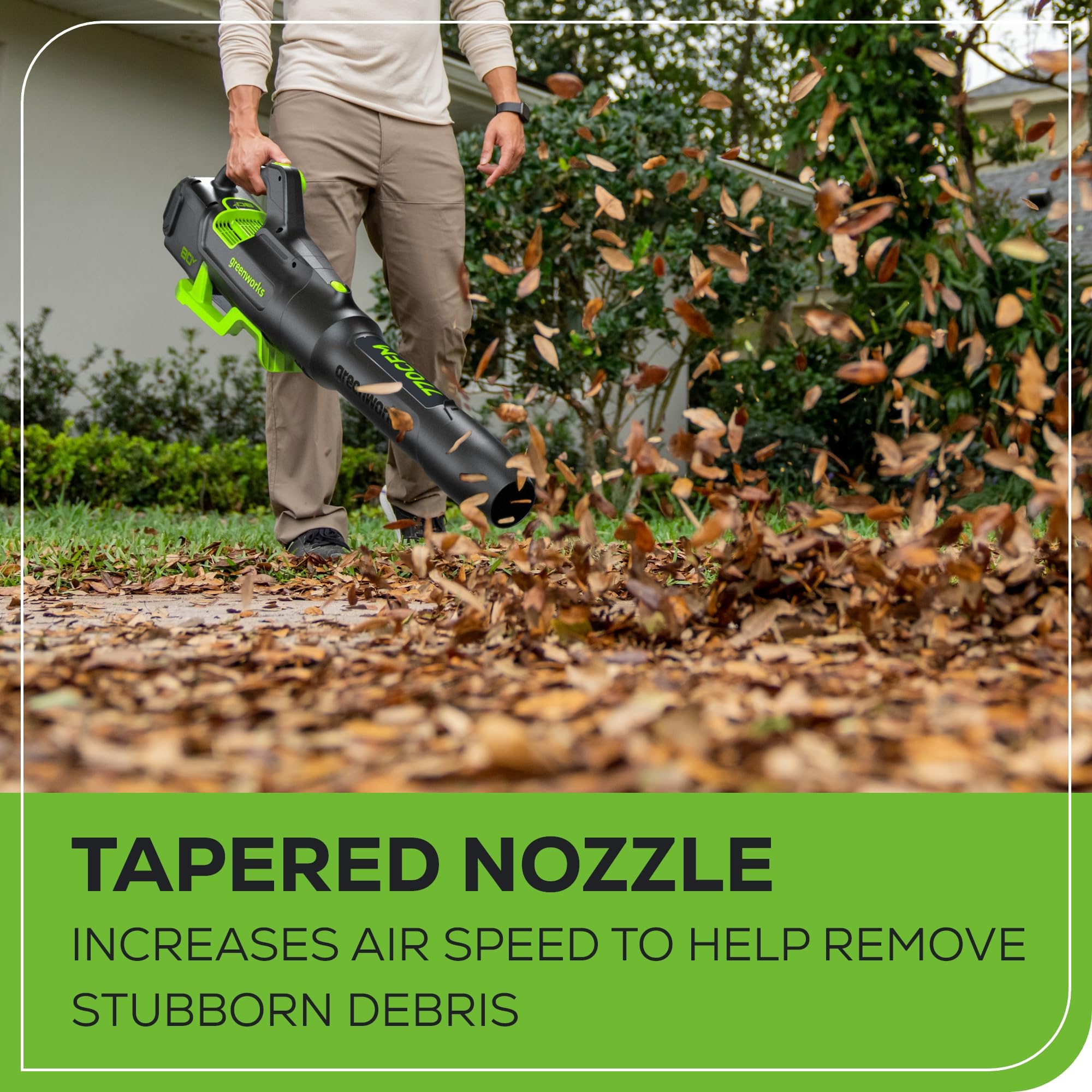 Greenworks 80V power clears wet leaves with strong airflow.