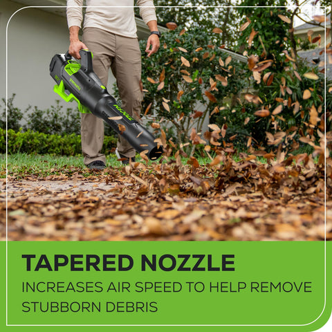 Greenworks 80V power clears wet leaves with strong airflow.