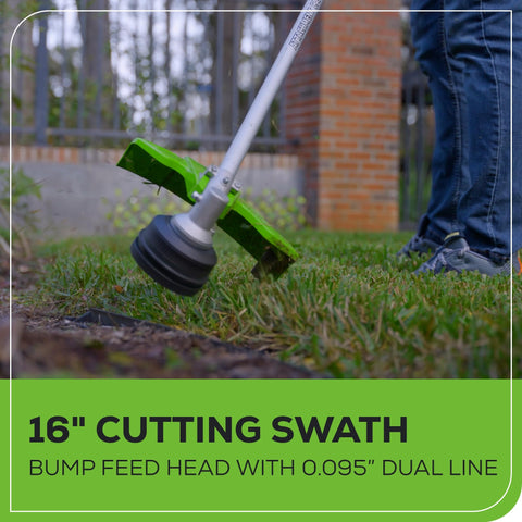 Greenworks adjustable shoulder strap distributes weight for comfortable extended trimming sessions.