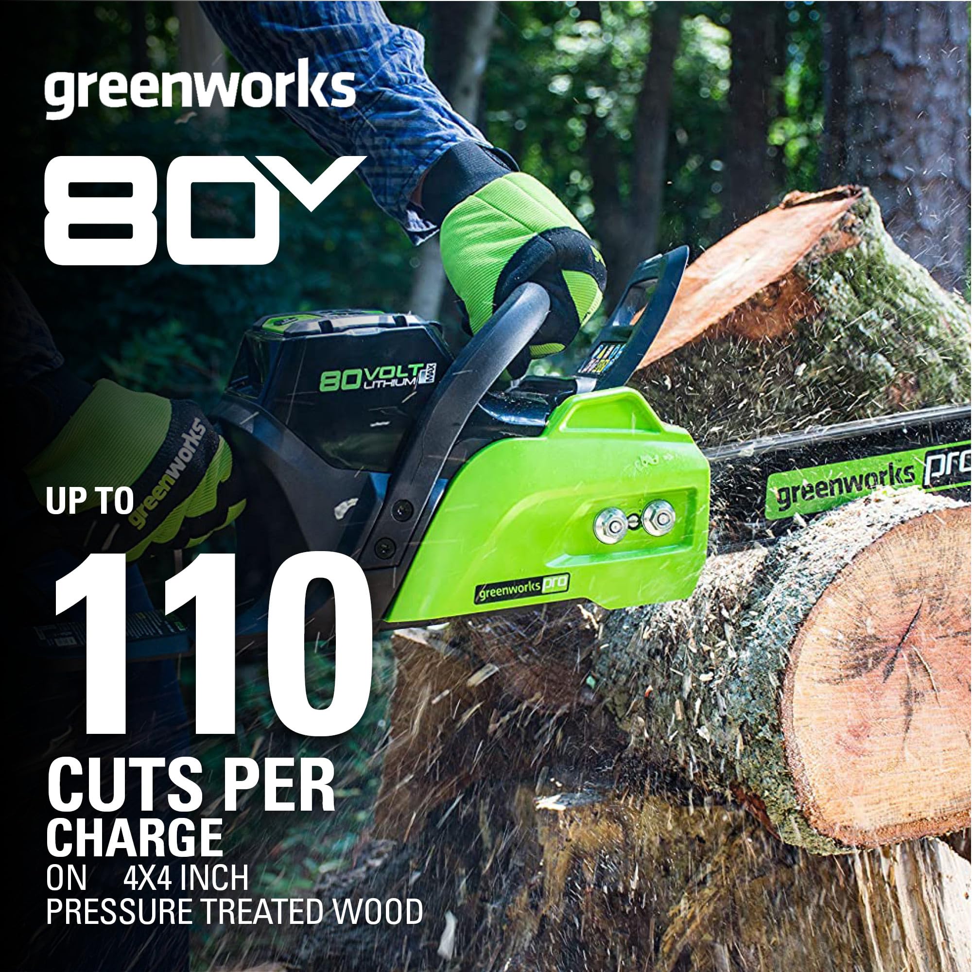 Greenworks automatic oiler ensures steady chain lubrication for smoother cuts.