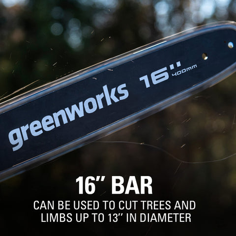 Greenworks automatic oiler keeps chain lubricated for smoother operation.