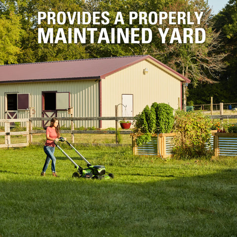 GreenWorks 20-inch blade supports reliable lawn care on MO48L4210-D.