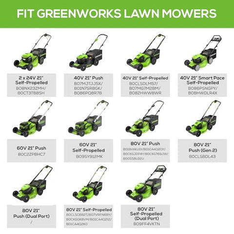 Close-up shows mounting pattern on Greenworks blade for proper fit.