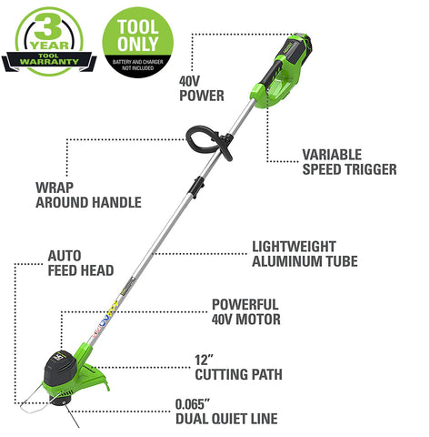 Greenworks BST4000 12-inch cutting path for wider reach.