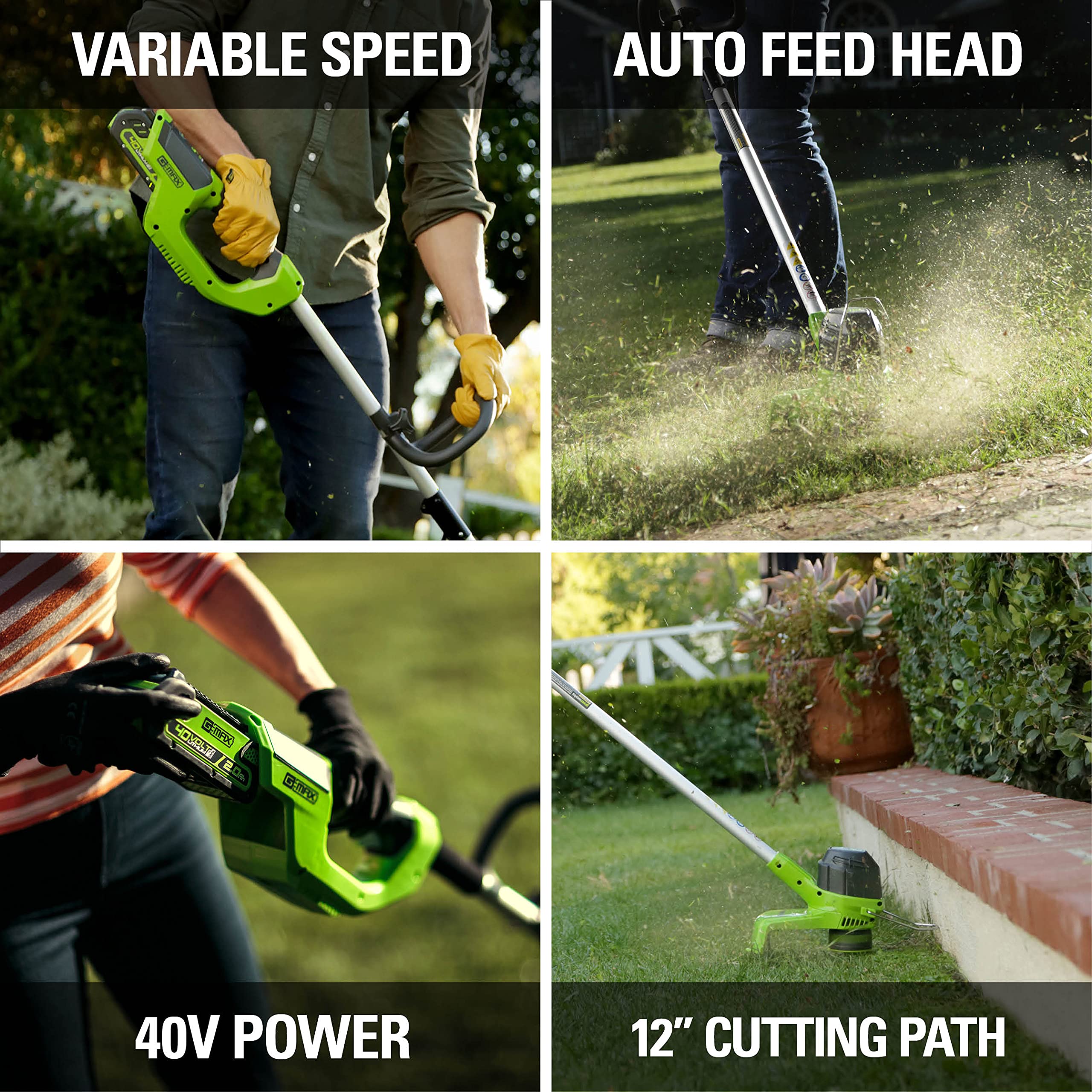 Greenworks BST4000 auto feed head for easy line advancement.