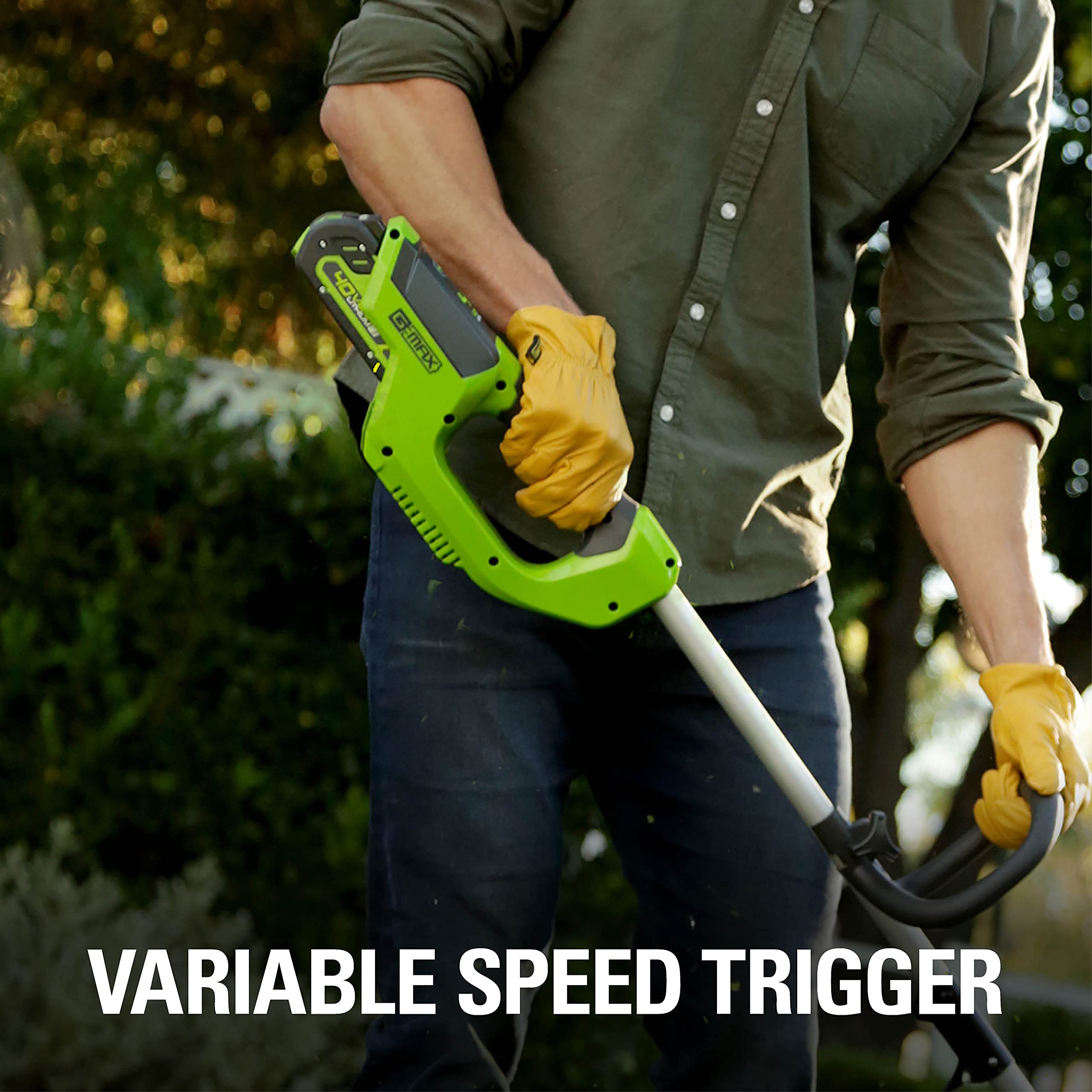 Greenworks BST4000 variable speed trigger for precision control.