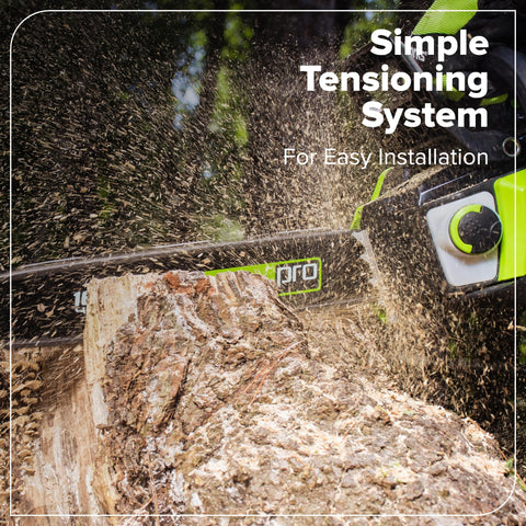 Greenworks chain installed on chainsaw for demonstration.
