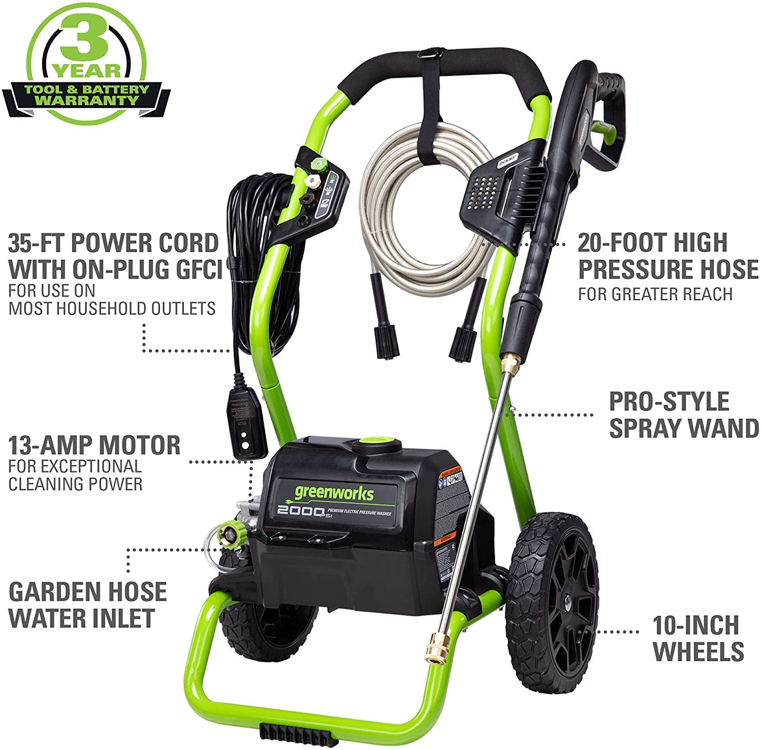 Greenworks compact design seen from the side for easy maneuverability.