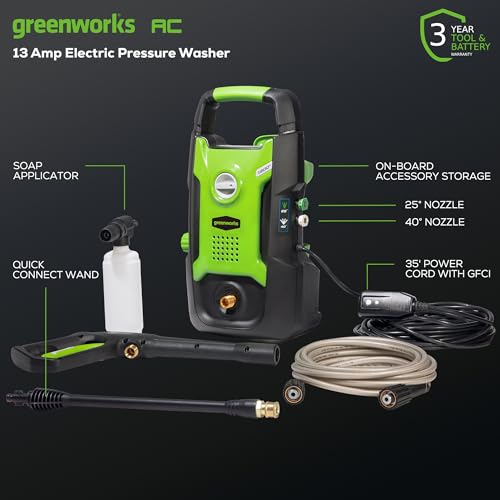 Greenworks compact electric pressure washer side view highlighting portable, lightweight design