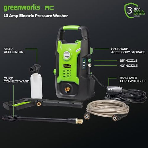 Greenworks compact electric pressure washer side view highlighting portable, lightweight design