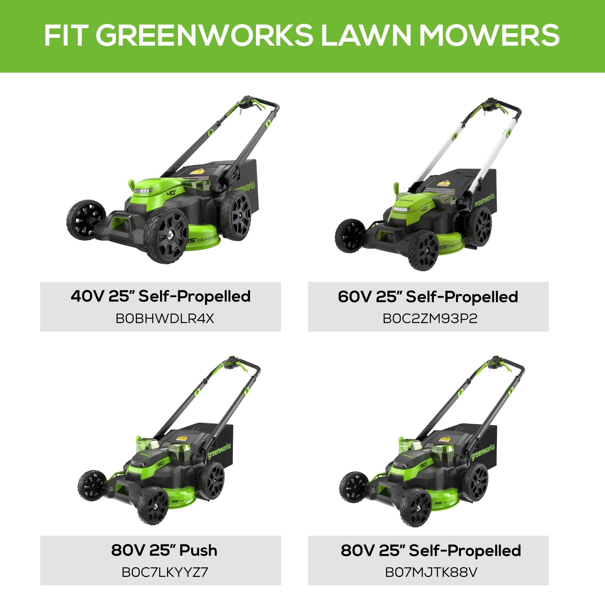 Greenworks 25-inch compatibility illustration showing perfect fit