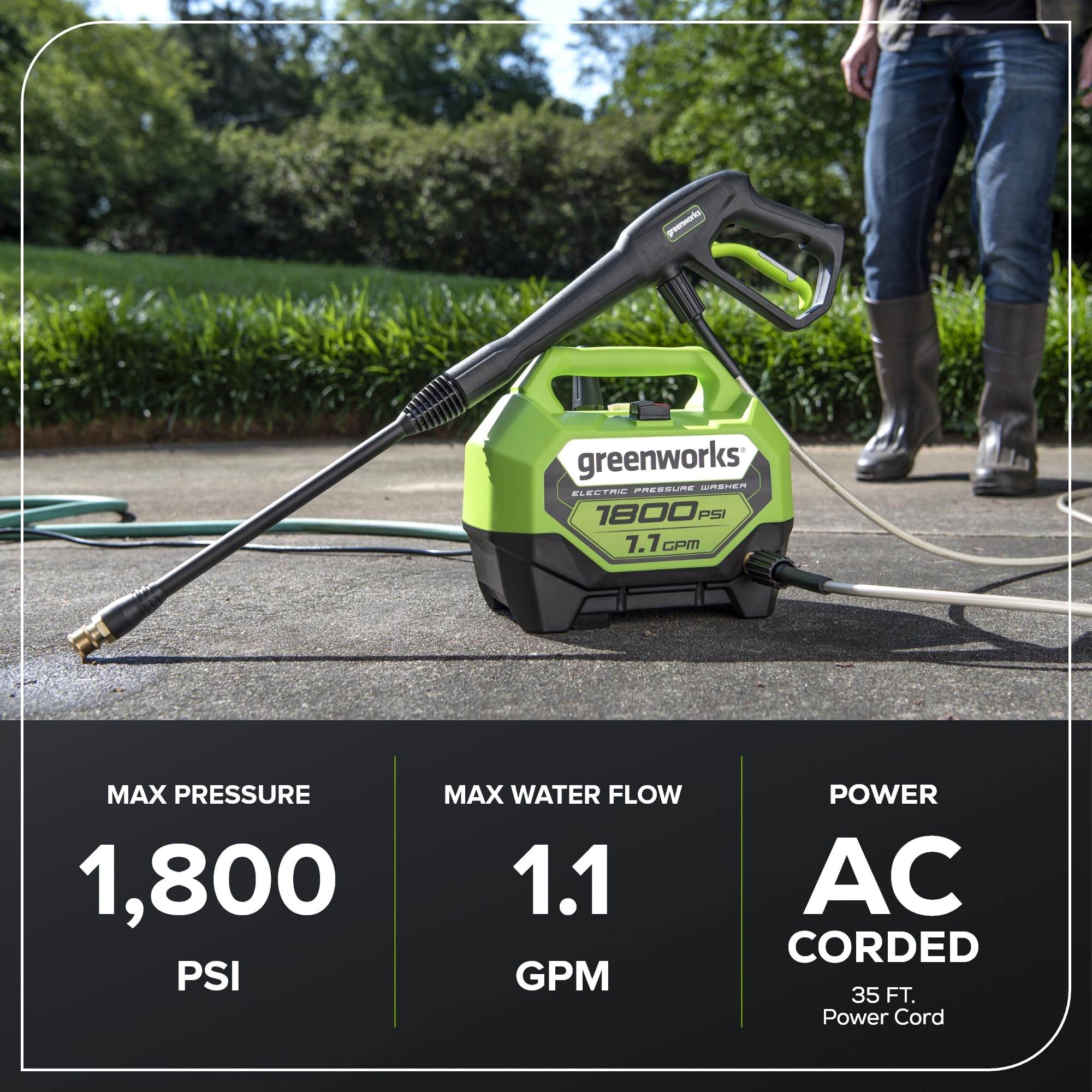 Greenworks deck and patio cleaning with pressure washer for outdoor surfaces.