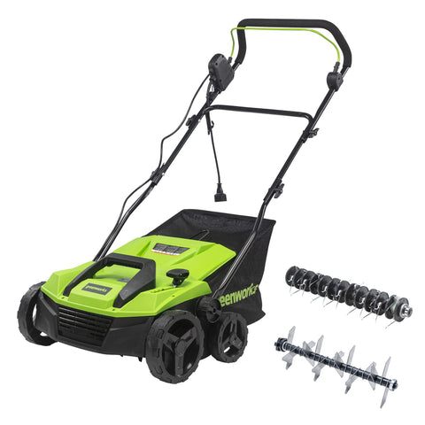 Greenworks DT13B00 dethatcher front view for easy yard maintenance