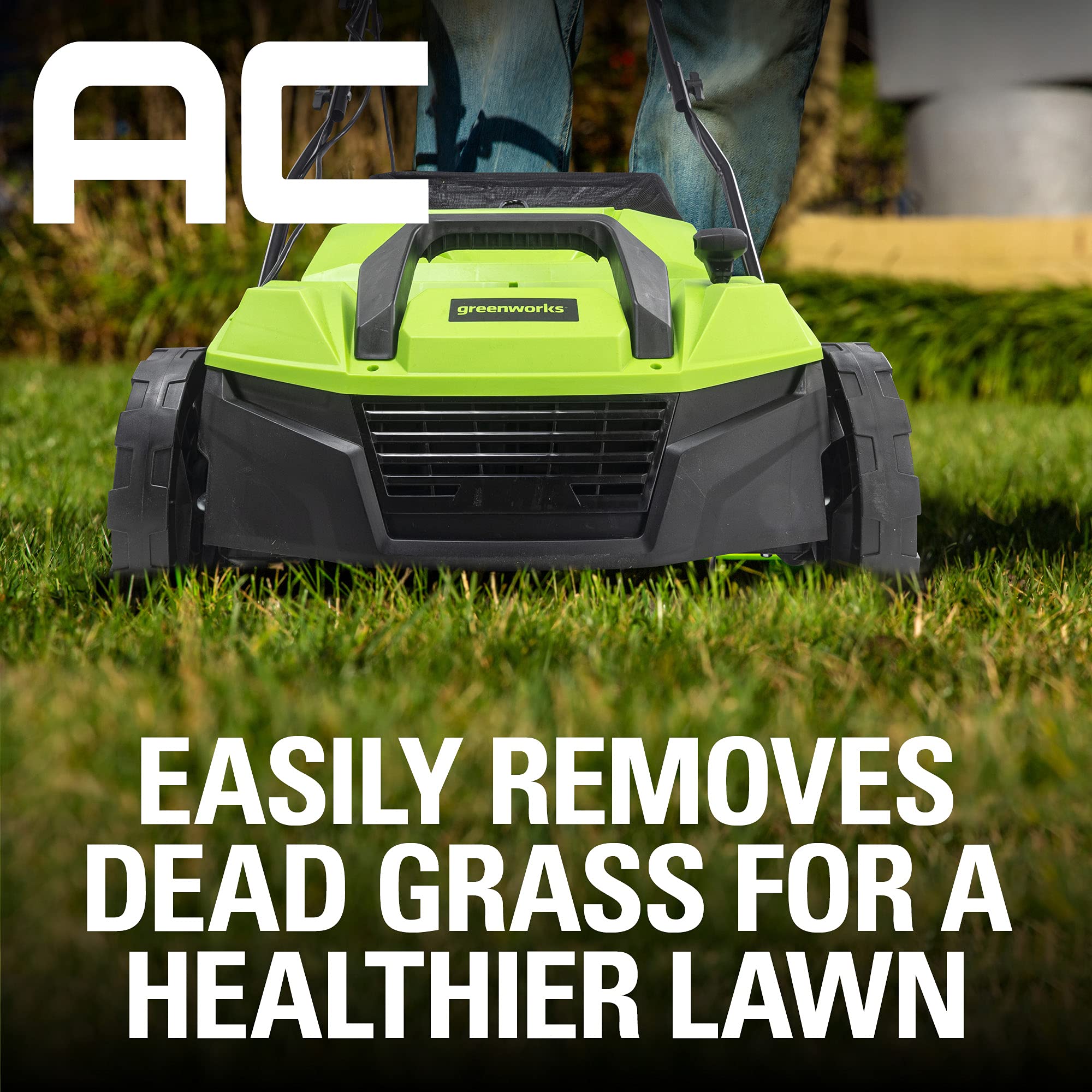 Greenworks DT13B00 two in one design adds dethatcher and scarifier versatility