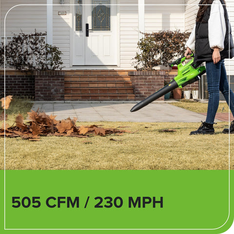 Greenworks ergonomic lightweight grip reduces fatigue during extended use.
