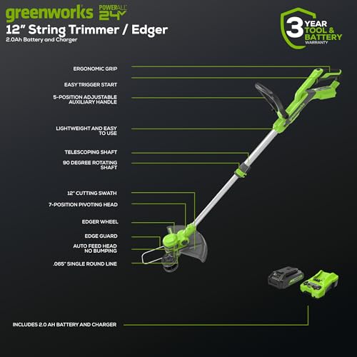 Greenworks Gen 2 trimmer with 90 degree head for easy edging along curves.