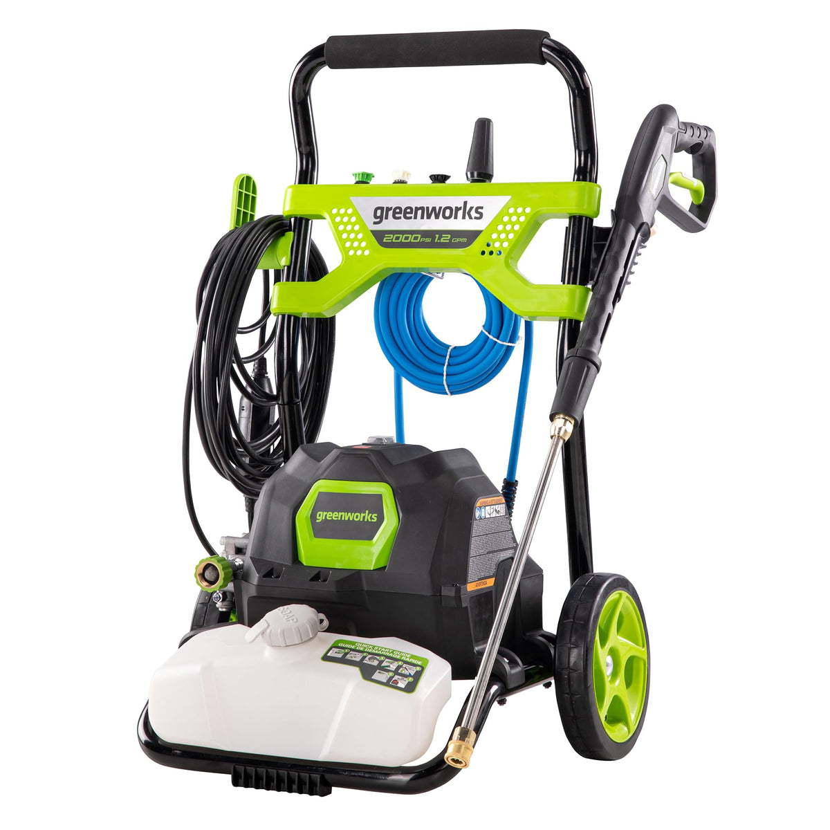 Greenworks GPW2003 front view, compact open-frame design for easy transport on driveways