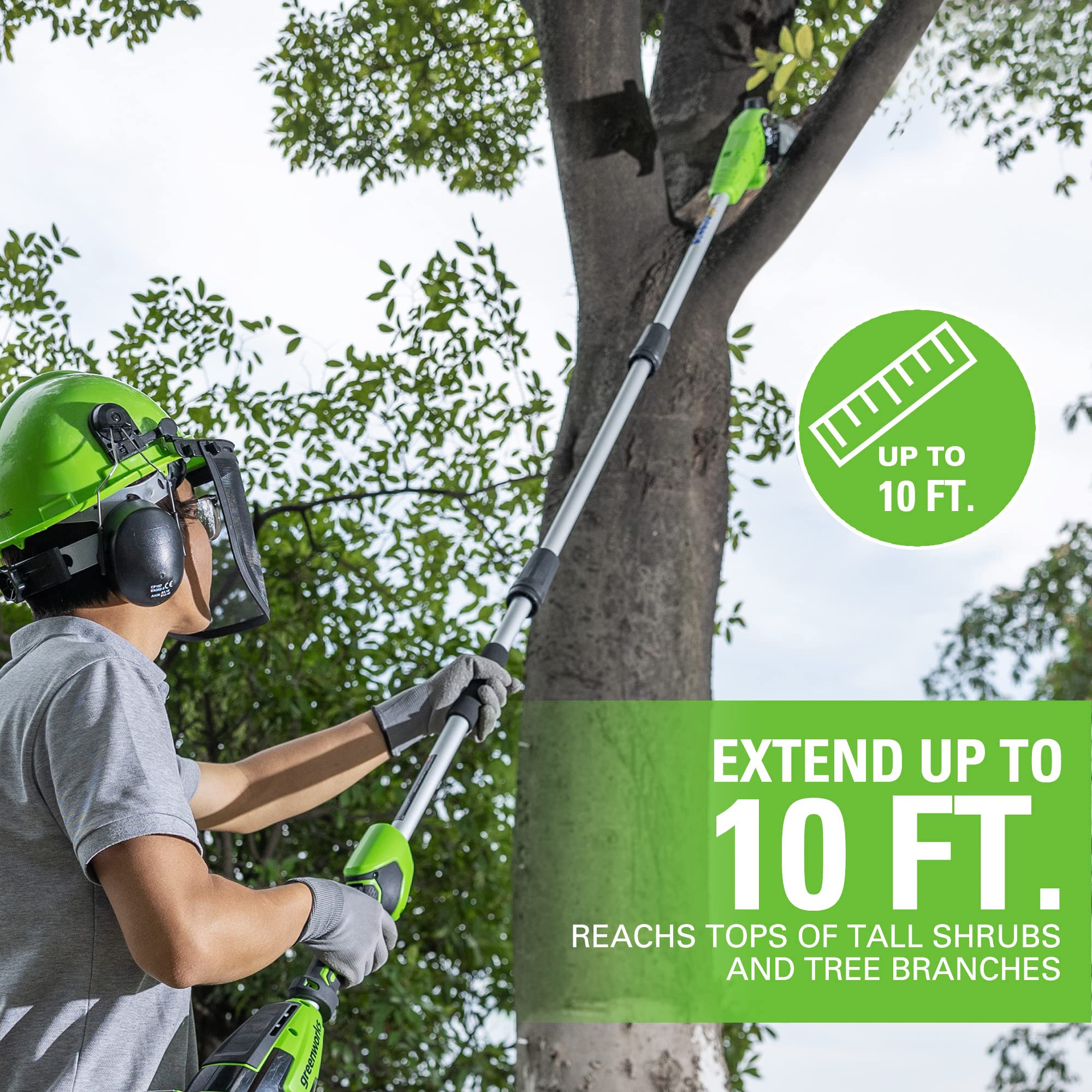 Greenworks hedge trimmer with 20-inch blade for tall, clean hedge lines.