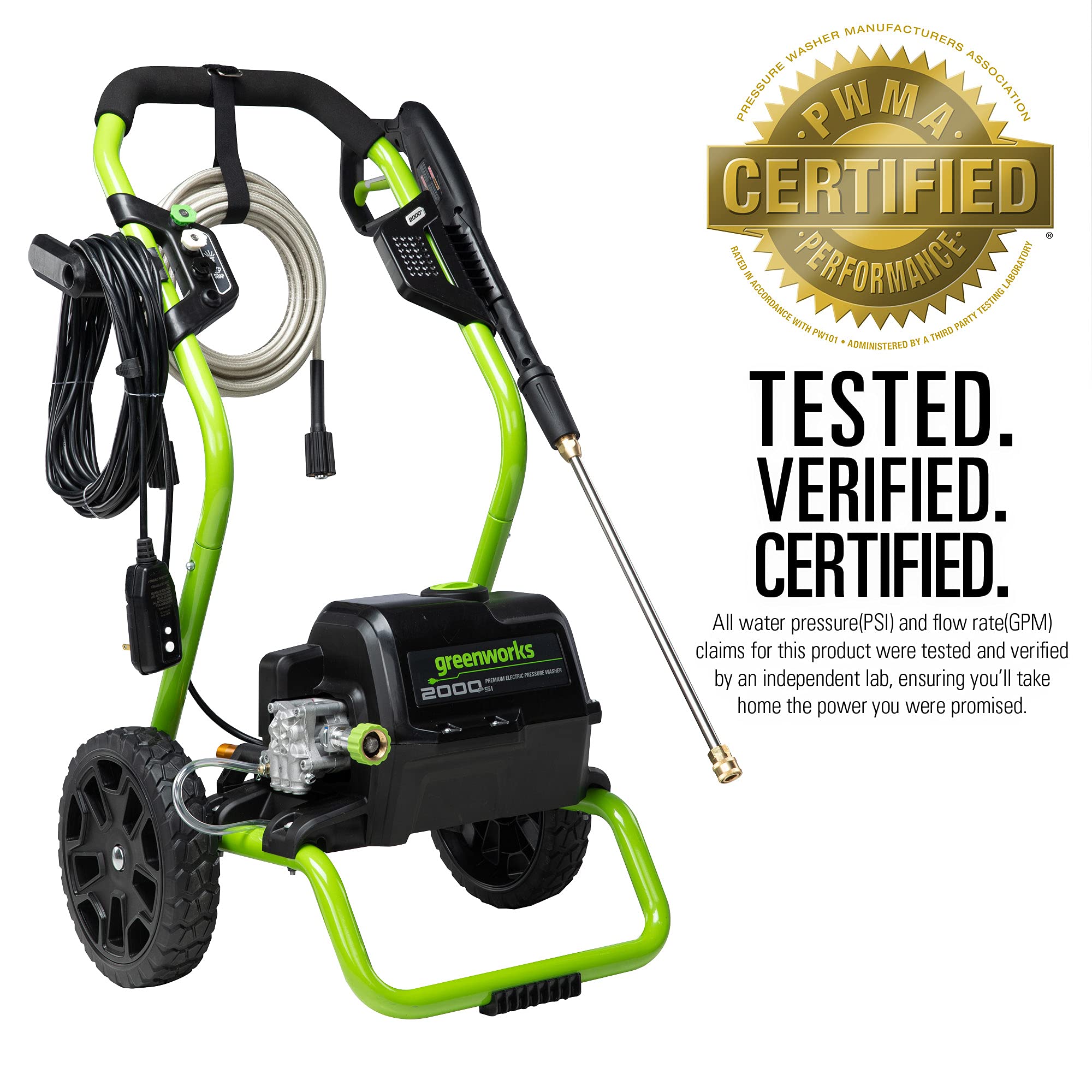 Greenworks hose connection shows extended reach for larger surfaces.